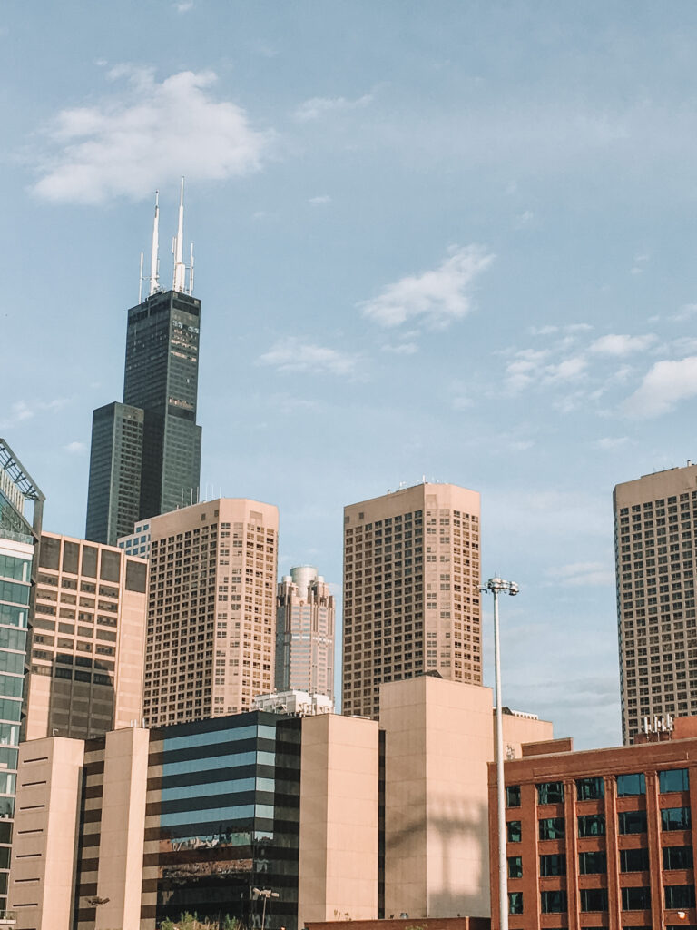 Chicago captions: View of downtown Chicago and the Sears Tower (Willis Tower), Illinois