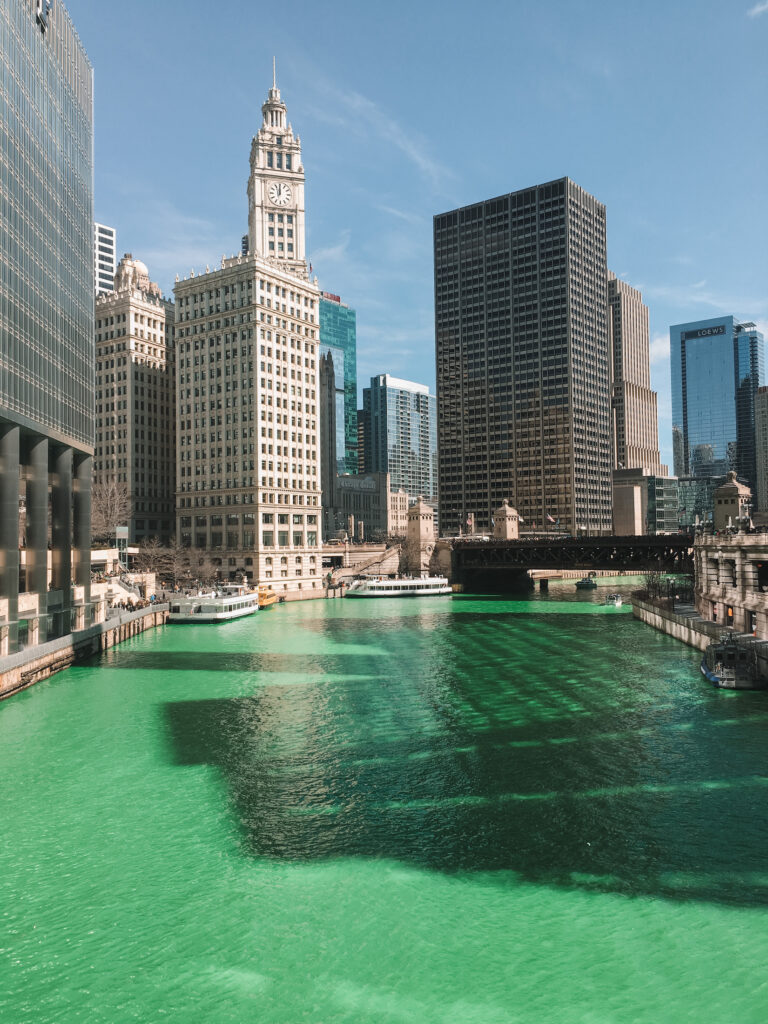 Chicago captions: Green Chicago River for St Patrick's Day, Chicago Illinois