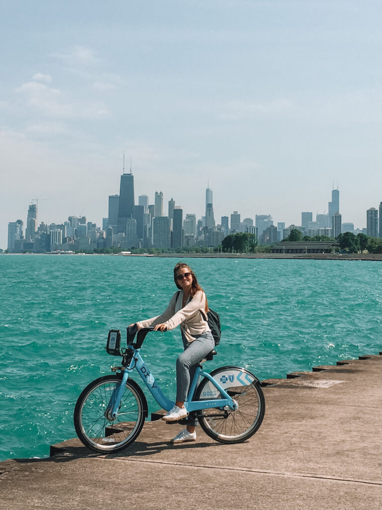 Chicago captions: Niki on a Divvy bike, downtown Chicago Illinois