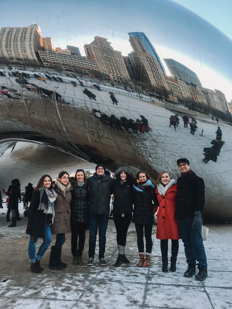 Chicago captions: Niki and friends at the Bean, Cloud Gate, Millennium Park, Chicago, Illinois