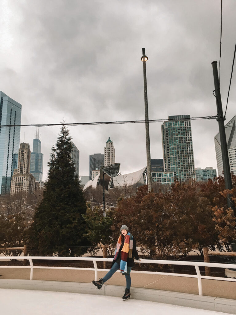 Chicago captions: Niki ice skating in Chicago