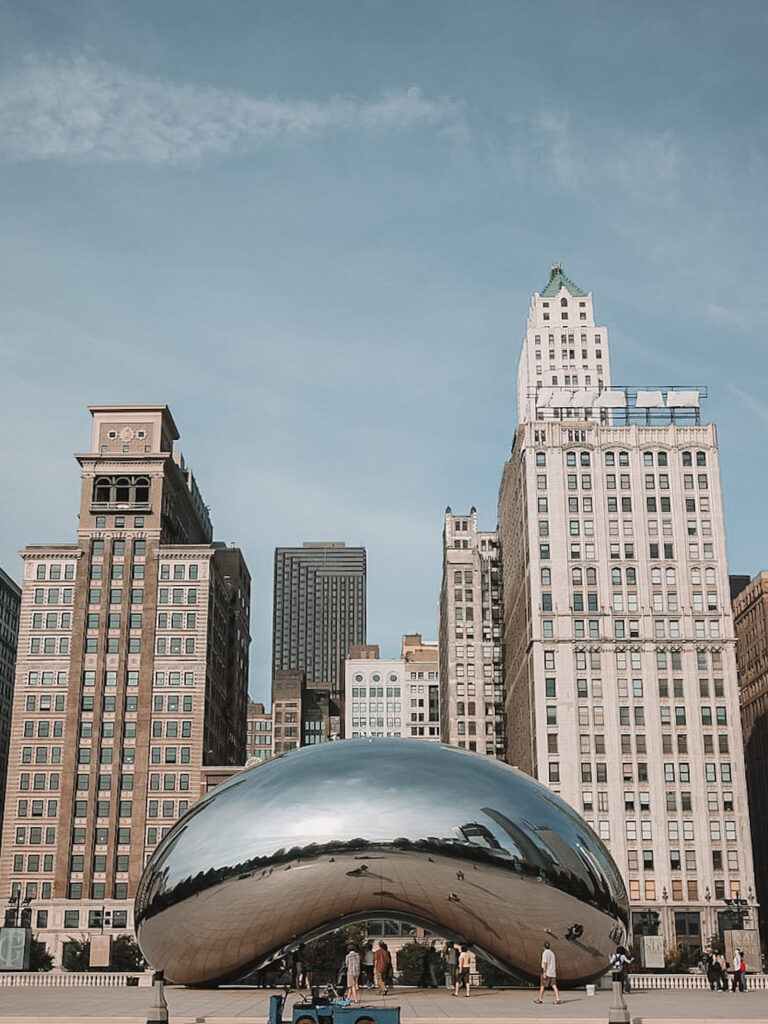 Chicago captions: The Bean (Cloud Gate), Millennium Park, Chicago, Illinois